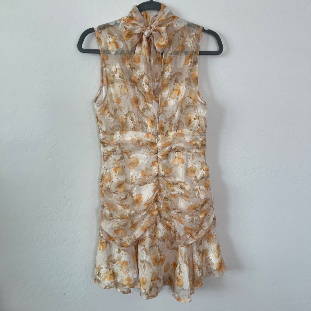 Selfie Leslie Monte Cristi High Neck Floral Ruched Mini Dress Yellow US M - Picture 4 of 12